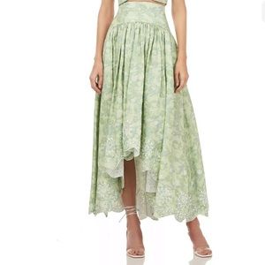 AMUR Santana embroidered high waist printed paisley linen skirt in light green